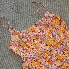 Old Navy Fit & Flare Cami Dress Orange Pink Floral Midi Smocked Back Women&rsquo;s M