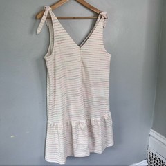 LOFT Bow Strap Button Front Linen Stripes Flounce Dress Ivory Multi-Color Medium