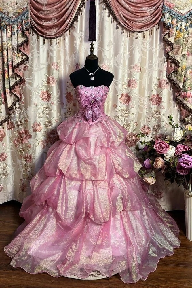 Pink Layered Evening Dresses Strapless Embroidered Bow Backless Prom Ball Gowns