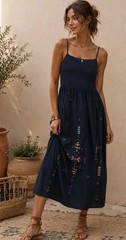 Figue Azalea Midi Dress Embroidered Navy Blye Tie Strap– Boho Resort Style S