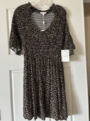 Bohme Black Floral Smocked V-Neck Fit & Flare Knee Dress XS Regular 3/4
