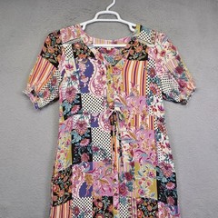 Indigo Rose Dress Womens M Button Floral Polka Dot Patchwork Tiered Boho Hippie