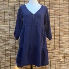 Mododoc Navy Blue Cotton Double Gauze Tiered V-Neck Mini Dress Small