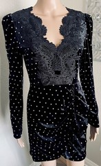 NWT SELF-PORTRAIT Black Velvet Mini Dress Crystal Embellishments Lace Trim sz 2