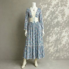 Vintage Hilda Hawaii Prairie Maxi Dress XS / S Blue Floral Cottagecore Modest