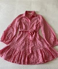 Fanco Eyelet Button Down Pink Mini Ruffled Cotton Dress Sz M See Measurements