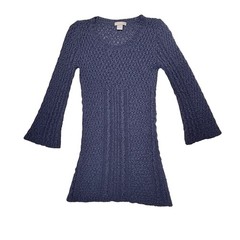 Navy Blue Crochet Mini Dress Small Open Knit Cover Up Coastal Beachy Bell Sleeve