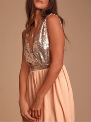 Lulus Elegant Encounter Rose Gold Sequin Maxi Dress Bodice Peach