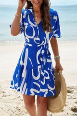 Random Print Button Down Belt Ruffle Midi Dress