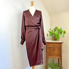 Never Fully Dressed Chocolate Coco Wrap Dress Size 10 Satin Minimalist Elegant