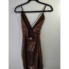 Laqueen Brown Sequin Mini Dress Open Back Lace Up Cocktail Party V-Neck (31)
