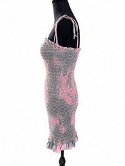 STORIA Smocked Tie Strap Ruffle Hem Midi Dress Pink Gray Size Medium