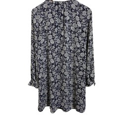 LOFT Navy Blue White Floral Print Split Neck Feminine Career Shift Dress Size S