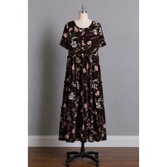 Cactus Flower Floral Tiered Maxi Dress Women Large Brown Rayon Cottagecore