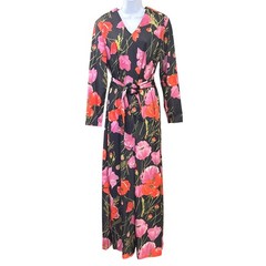 Vintage Joan Curtis Floral Maxi Dress Black Pink Red Poppy Print Belted Gown