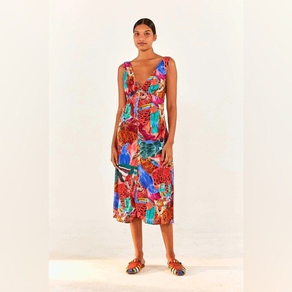 Farm Rio Jungle Animals Button Front Midi Dress Tropical Leopard Toucan Sloth