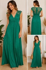 Lime Green Solid Lace Maxi Dress V-Neck Sleeveless Stretch Pullover S