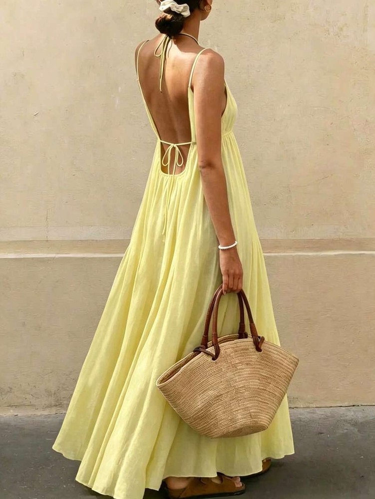 Spaghetti Strap Dress Side Pockets Backless Slit Hem Casual Cami Maxi Long