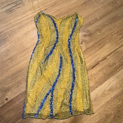 Scala Silk Beaded Dress XS Yellow Blue Sequin Slip Y2K Party Mini UCLA UMich
