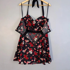HOT TOPIC Dice Heart Skull Tattoo Roses Rockabilly Halter Dress XL