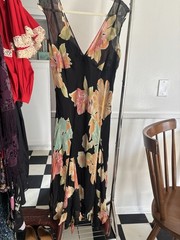 Vintage Jones New York Dress Black Floral Silk Chiffon Maxi Slip Dress V-Neck
