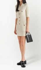 Prada Cotton Cable Knit Dress Pockets Ivory Italy Mint Brass Logo Buttons Small