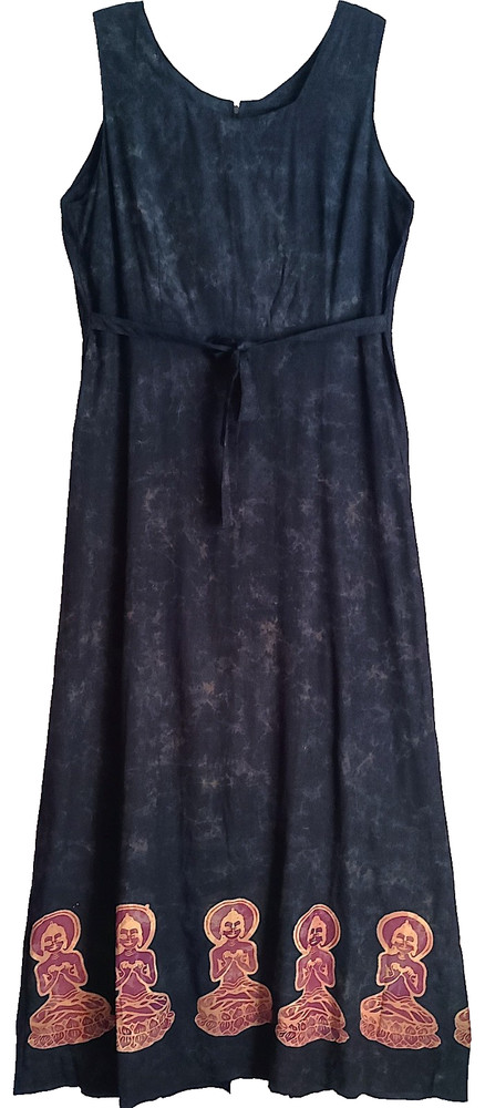 Dress, Long, Zipper, Ties, Buddha Border Batik, Black, XLG, Rayon, 51&Prime;, 40&Prime; Bust