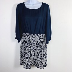 Pink Owl Navy Mixed Print Dress Sz L Long Sleeve Elastic Waist Casual Modern