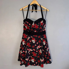 HOT TOPIC Dice Heart Skull Tattoo Roses Rockabilly Halter Dress XL
