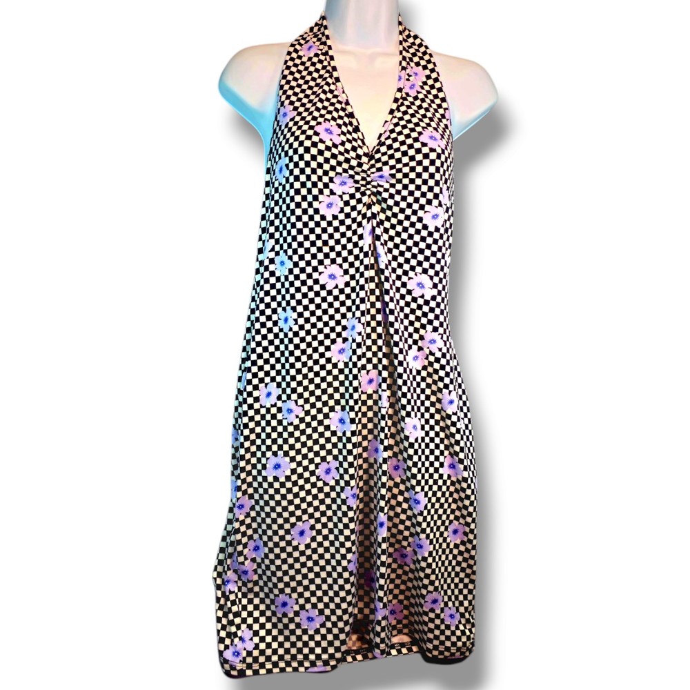 J for Justify Checker Floral Stretch Dress Sz XL Black White Backless Sleeveless