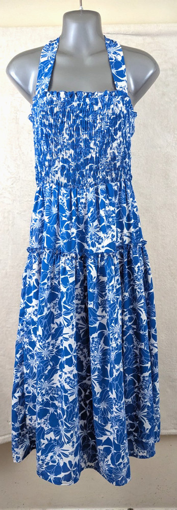 Pretty Garden sz S Halter style Midi to Maxi Dress blue white floral print 2572