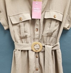 BLU PEPPER NWT Collared Button Down Belted Mid Dress CR2250 Tan Sz M