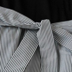French Retro V-Neck Patchwork Dress – High Waist Black & White Striped A-Line Mi