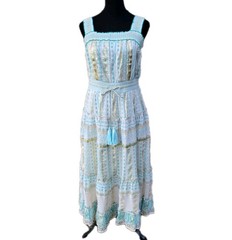 Soft Surroundings Aegean Tiered Maxi Dress Petite M Aqua Cream Gold Metallic