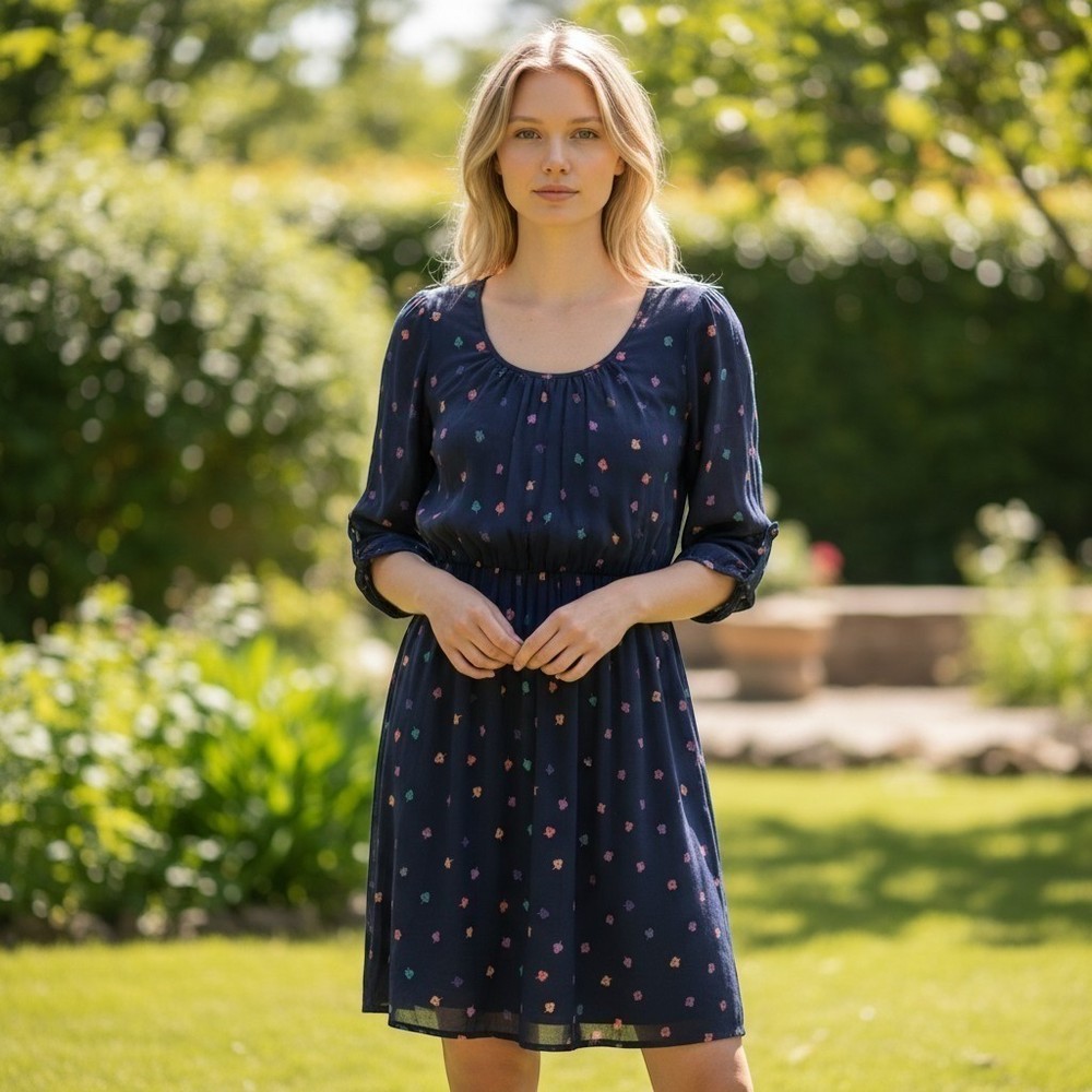 American Eagle navy v-neck leaf print mini dress 3/4 sleeve elastic waist Size-S