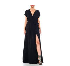MEGHAN LA Black Faux Wrap Belted Jasmin Plunge V-Neck High Slit Maxi Dress S 4/6