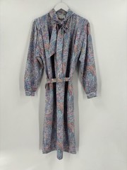Schrader Vintage Dress Womens 12 Blue Pink Belted Paisley Pussybow Midi Colorful