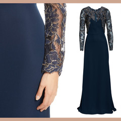 NWT $308 Tadashi Shoji Darya Crepe & Embroidered Lace Gown Blue [SZ 14 ] #G715