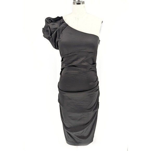 Cache One Shoulder Satin Ruched Dress Black 10 party cocktail 90s retro 80s