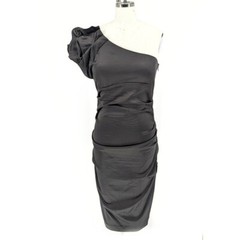 Cache One Shoulder Satin Ruched Dress Black 10 party cocktail 90s retro 80s