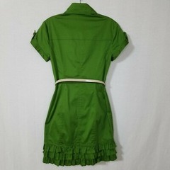 Kensie Pretty Dress Ruffle Button Down S/S Belted Pockets Green Size S K214P