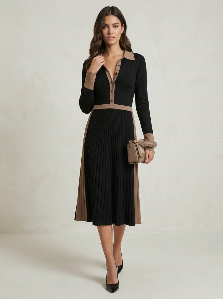 REISS Mia Knitted Colourblock Pleated Midi Dress in Black/Camel Size S (UK 8/10)