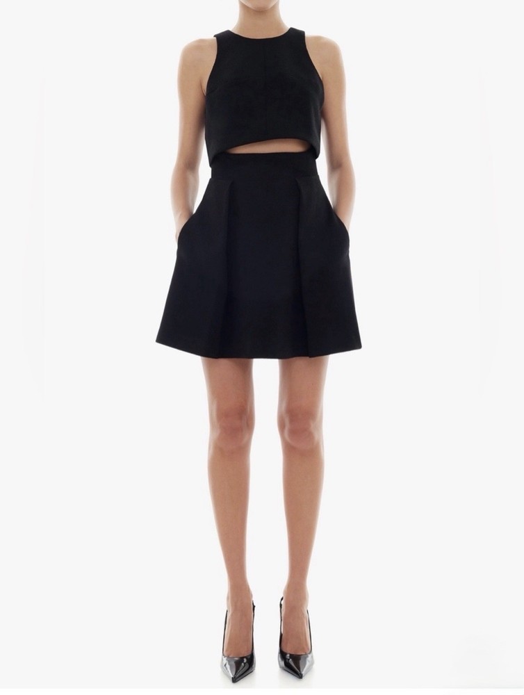 Black Halo Sanibel Black Crepe Mini Dress Set Crew Neck Sleeveless Pockets 2