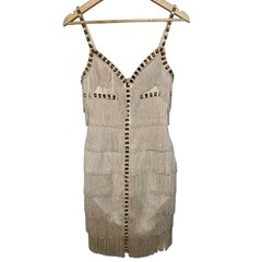 NWT Mandalay Cream Ivory Gold Beaded Fringe Midi Evening Cocktail Dress Womens 4