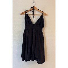 Pom Pom Trim Halter Backless Cover Up Mini Dress Sz. S Black Strappy Boho Summer