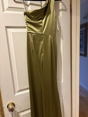 Green Solid Satin One Shoulder Asymmetric Ruched Sleeveless Maxi Dress S