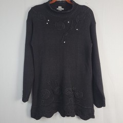 Vintage Floral Embriodered Mini Knit Sweater Dress size S black scallop hem 90s