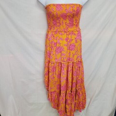 Able The Label Dress M Womens Orange Pink floral Print Smocked Maxi Strapless
