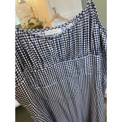 DOEN Gingham Midi Dress 100% Silk Navy White Ruched Bust Ruffle Hem Cottagecore