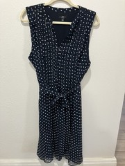 JBS Navy And White Polka Dot Dress Size 20W Pleated Top with Tie Belt At Waist